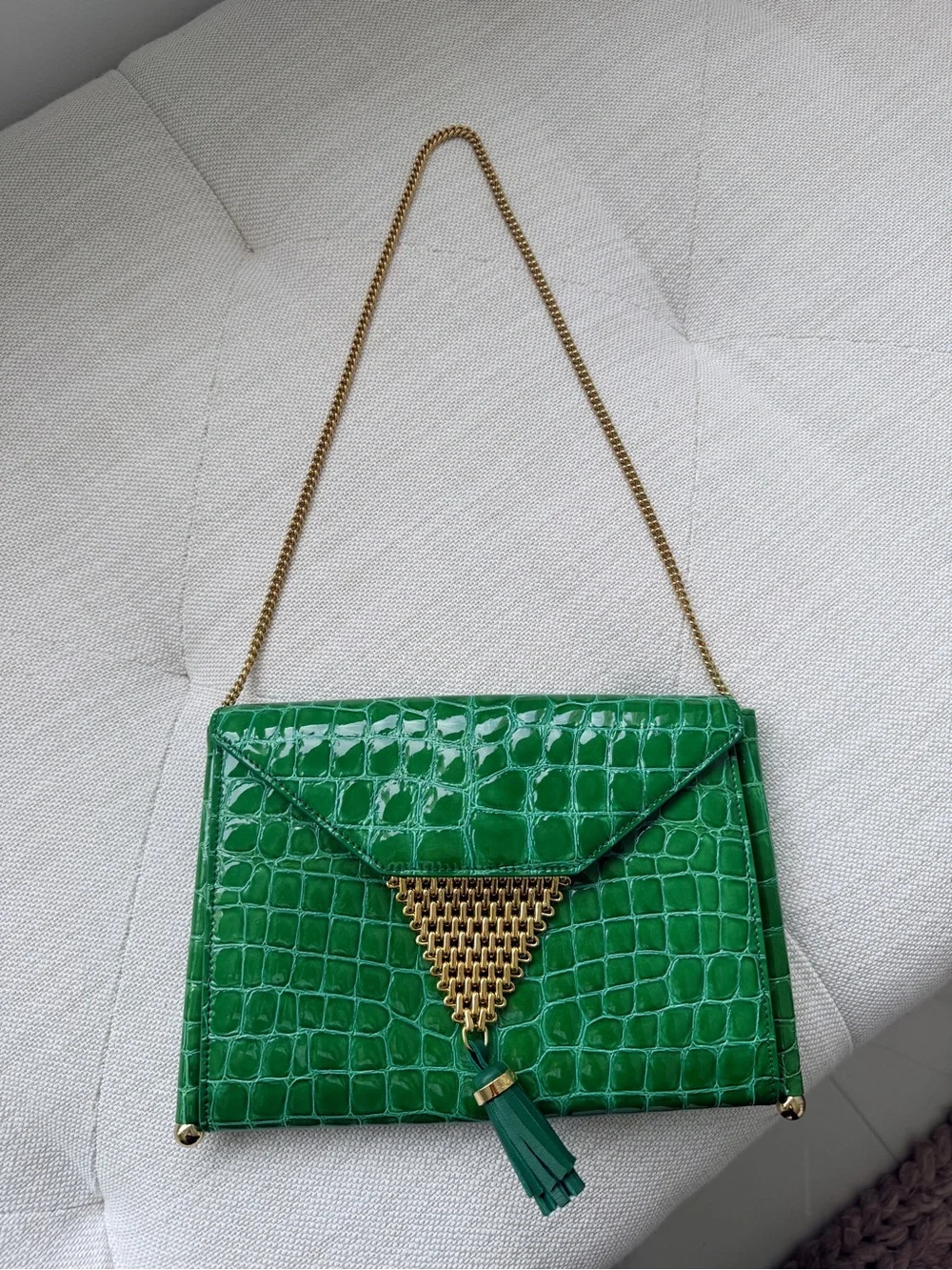 Aquazurra downtown chain envelop clutch. Green Envelope Clutch with Gold Tassel